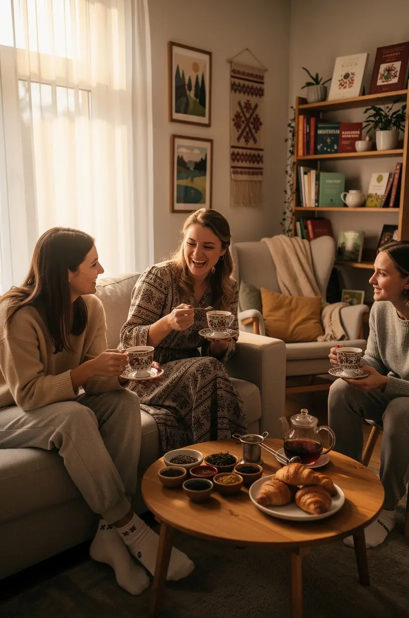Šilta puodelio arbatos nuotrauka ant stalo šalia užrašų knygelės, simbolizuojanti kasdienės savipagalbos ir komforto ritualus namuose.