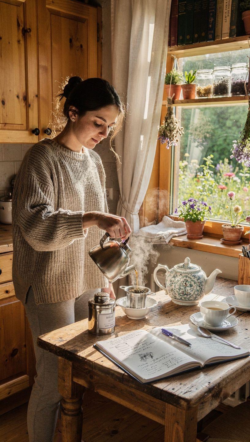 Arbatos puodelis ant medinio stalo šalia knygos apie savęs priežiūrą ir kasdienės rutinos palaikymą namuose.